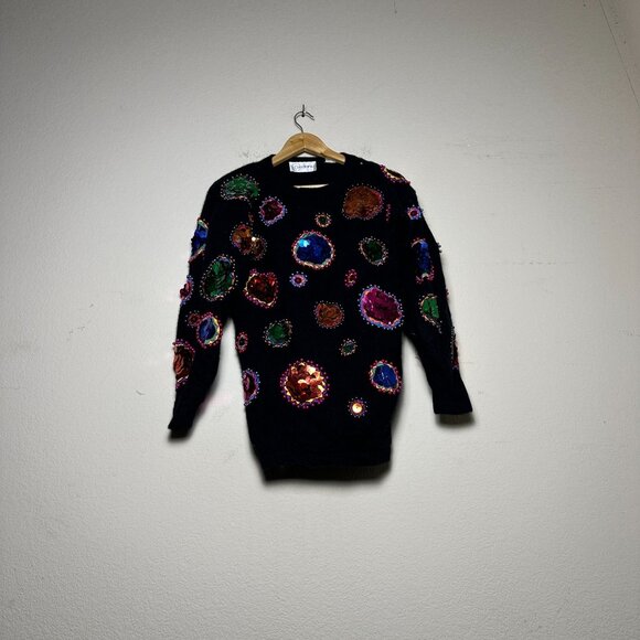 VTG Cedars Wool Sequin Embellished 90s Sweater Woman S 90s Pullover Beads Black - Picture 1 of 16